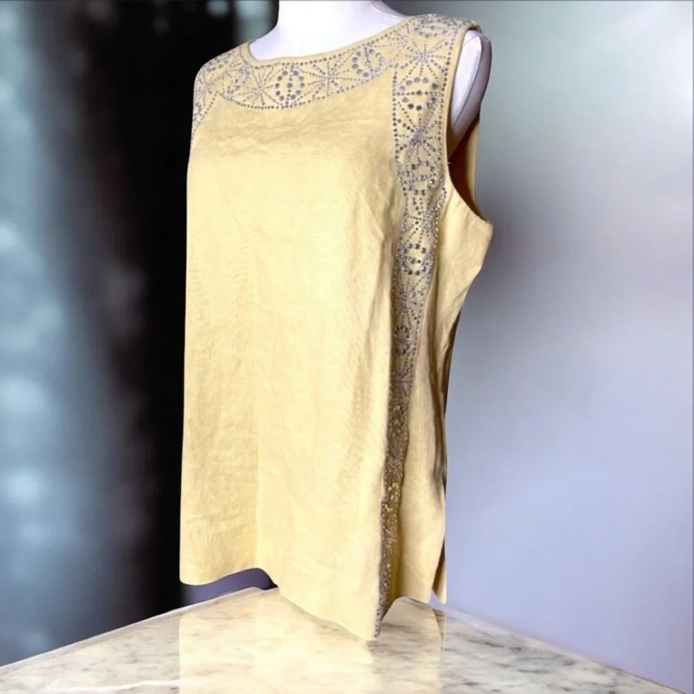 Tory Burch Rhinestone Embellished 100% Linen Sleeveless Tunic Top Size 12